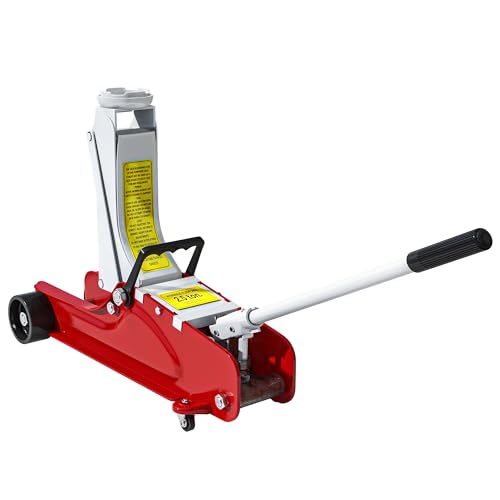 Homcom Cric Idraulico A Basso Profilo, Cric Per Auto In Acciaio Rinforzato Con Capacità 2.5 Tonnellate, Sollevamento 8-38Cm, Rosso