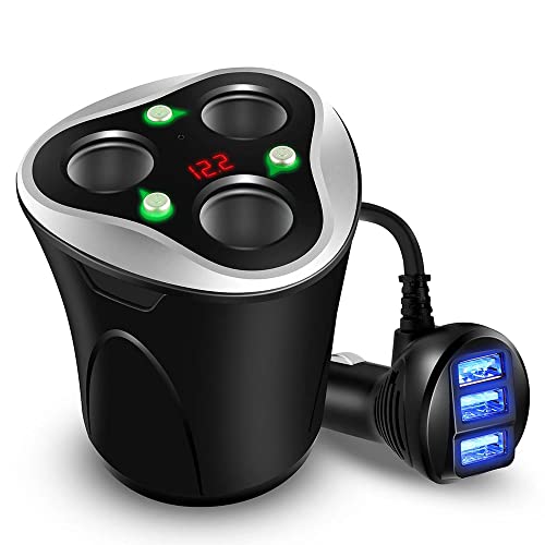 Caricabatterie Per Auto 3 Usb Adattatore + 3 Sockets Accendisigari Divisore Portabicchieri Spina 120W 12/24V Con Led Tensione Display Separati On/Off 