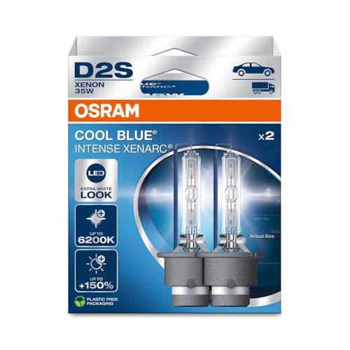 Osram Xenarc Cool Blue Intense D2S, +150% More Brightness, Up To 6,200K, Xenon Headlight Lamp, Led Look, Hanging Folding Box (2 Lamps)