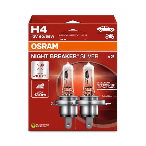 Osram Night Breaker® Silver, H4, Lampade Alogene Per Fari, Scatola Pieghevole Sospesa (2 Lampade)