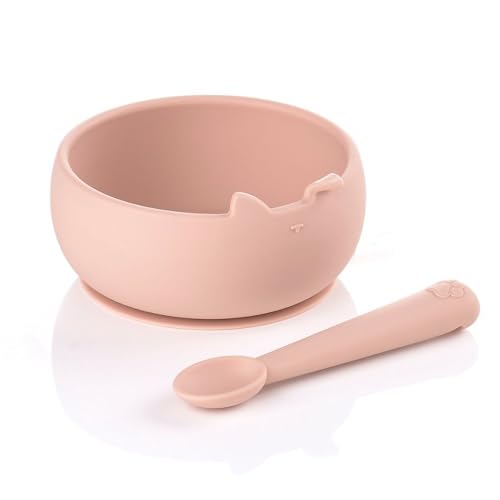Jané Set Scodella E Cucchiaio In Silicone Con Ventosa, Senza Bpa, Compatibile Con Sterilizzatori, Microonde, Forno, Rosa