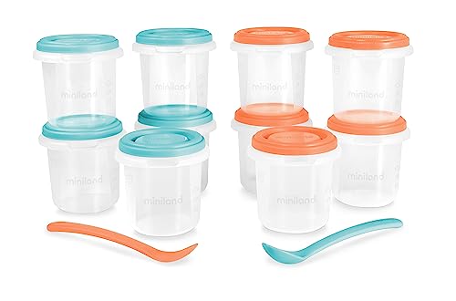 Miniland Set 10 Hermisized Mediterranean 200Ml. Set Di 10 Ermetici Graduati (200Ml) E Due Cucchiai, Resistenti E Adatti Per Lavastoviglie, Microonde E