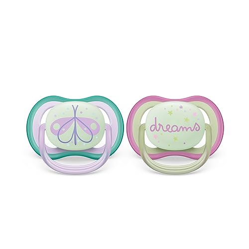 Ciuccio Philips Avent Ultra Air - 2 Ciucci Leggeri, Traspiranti E Fluorescenti Per Bambini Tra 0 E 6 Mesi, Senza Bpa, Con Custodia Da Trasporto Per St
