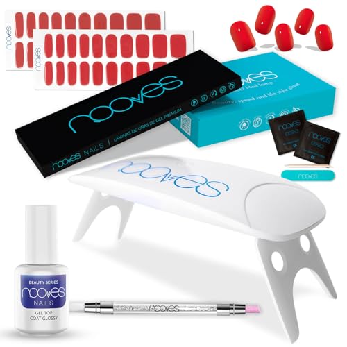 Nooves - Starter Kit Beauty Red, 2 Pellicole In Gel Per Unghie + Lampada Per Asciugatura Unghie Uv/Led + Gel Top Coat Glossy + Quarzo Doppio Stick, Un