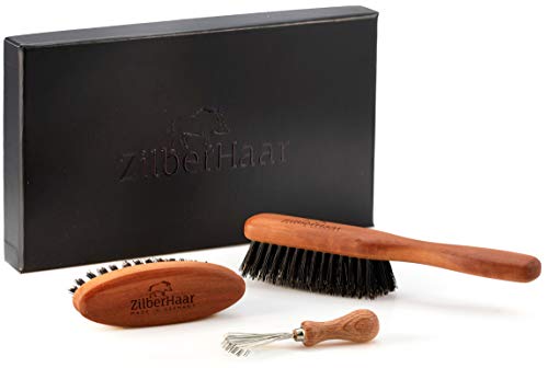 Zilberhaar - Kit Spazzole Da Barba Uomo - 1 Spazzola Da Barba + 1 Spazzola Tascabile + 1 Attrezzo Pulizia Spazzole - Setole Cinghiale Rigide, Legno Di