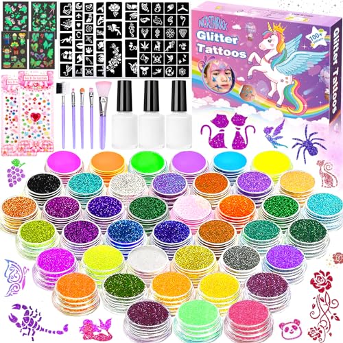 Nckihrkk Kit Glitter Tattoo Temporanei,Tatuaggi Temporanei Scintillanti E Colorati Per Bambini,Kit Tatuaggio Finti Per Viso E Corpo,42 Colori 145 Sten