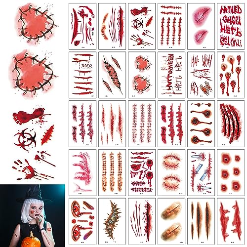 30 Fogli Tatuaggi Temporanei Cicatrici Halloween, Tatuaggi Halloween Ferite Viso, Tatoo Cicatrici Zombie Joker Adesivi, Adesivi Per Tatuaggi Cicatrice