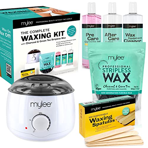 Mylee Kit Professionale Completo Per Ceretta + Scaldacera, Perle Di Cera Dura 500 G, Spatole Per Applicazione, Gel Pre E Post Depilazione, Detergente