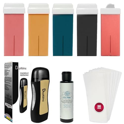 Anyskin Kit Scaldacera Rullo Professionale - Contiene 5 Ricarica Ceretta Rullo Liposolubile Black, Aloe, Rosa, Argan, Baffetti + Anyskin Olio Dopocera