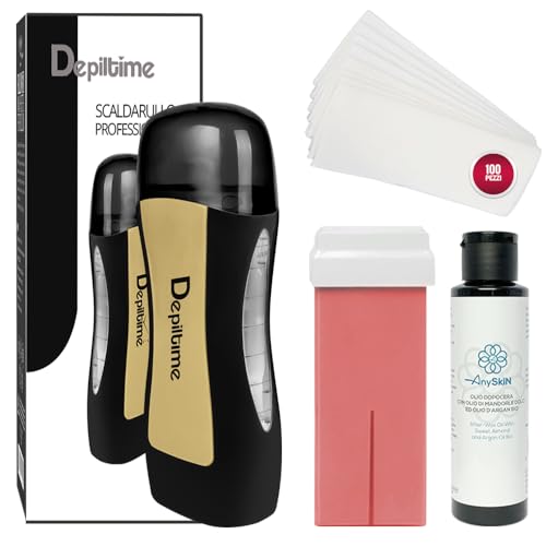 Anyskin Kit Scaldacera Rullo Professionale - Contiene 1 Ricarica Ceretta Rullo Liposolubile Rosa + Anyskin Olio Dopocera 100Ml E Strisce Depilatorie T