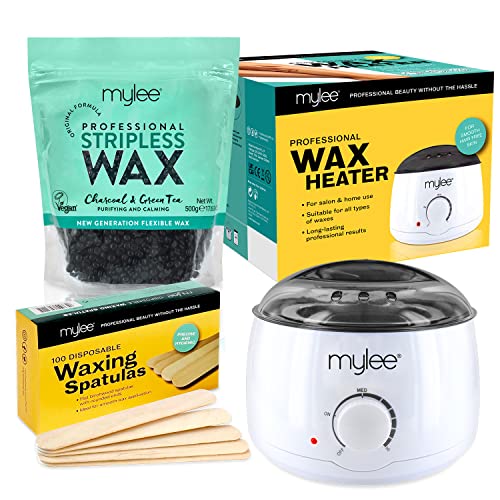 Mylee Kit Per Ceretta Professionale Con Scaldacera, Perline Di Cera Dura 500 G, 100 Spatole - Pellet Per Ceretta Depilatoria Senza Strisce, Strisce No