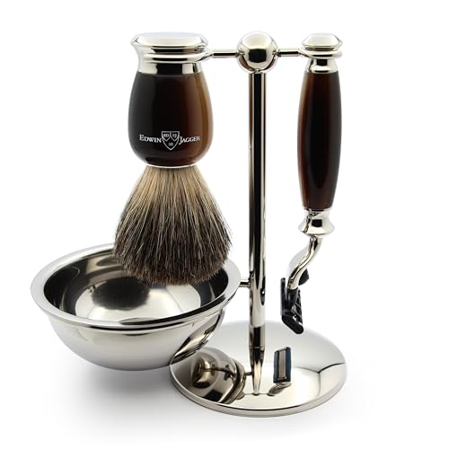 Edwin Jagger S81M582Bamz Set Da Barba Classico Con Ciotola In Imitazione Di Corno Chiaro E Nichel Con Pennello Da Barba In Puro Tasso E Rasoio Mach 3