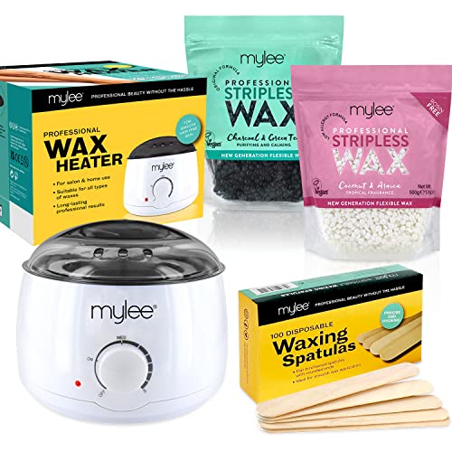 Mylee Kit Professionale Per Depilazione Con Ceretta, Scaldacera, Perline Di Cera Dura 500 G, Carbone E Tè Verde + Cocco E Arnica, Spatole In Legno, Ce