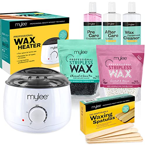 Mylee Kit Professionale Completo Per Ceretta + Scaldacera, Perle Di Cera Dura 500 G, Spatole Per Applicazione, Gel Pre E Post Depilazione, Detergente