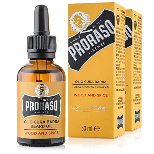Proraso Olio Cura Barba Wood And Spice, 2 X 30Ml, Olio Da Barba Uomo Con Effetto Ammorbidente E Nutriente, Olio Barba Folta E Lunga, Made In Italy