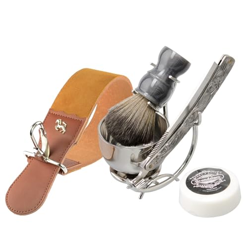 Grandslam Kit Rasoio Per Gola Tagliata, Kit Rasoio A Mano Libera, 6 In1 Set Pennelli Da Barba Da Uomo, Supporto E Ciotola In Acciaio Inox, Kit Tradizi