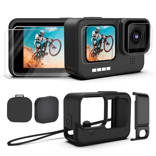 Kuptone Accessori Per Gopro Hero 12/11/10/9 Black[10Pz], Custodia Protettiva In Silicone Cordino+6Pz Proteggi Obiettivo Vetro Temperato+3Pz Protezione