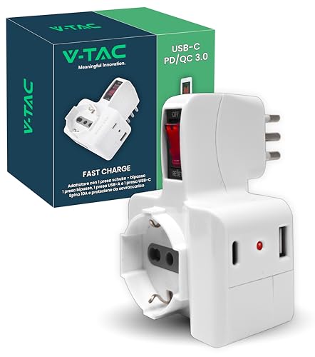 V-Tac Multipresa Elettrica Usb C Power Delivery 20W + Porta Usb A + 1 Presa Laterale 10/16A Bipasso E 1 Frontale 10/16A Bipasso Schuko - Adatatore Mul