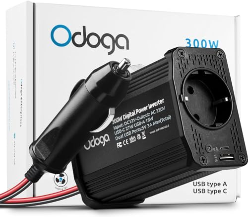 Odoga Inverter 12V 220V Auto, 300W Convertitore – Adattatore Presa Auto A Presa Elettrica – Trasformatore Per Auto & Camper Con Doppia Porta Di Carica