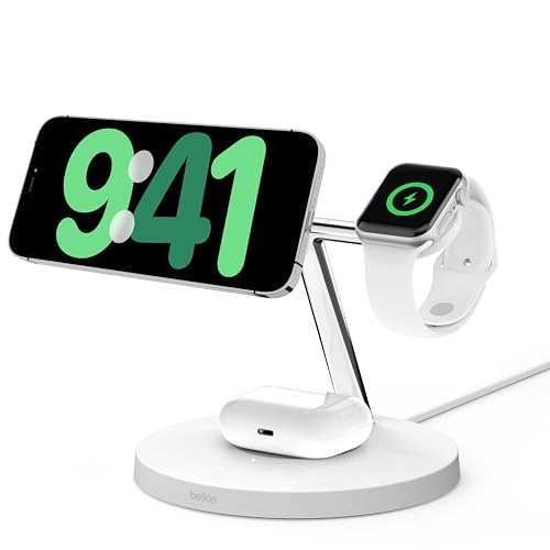 Belkin Boostcharge Pro Caricatore Da Scrivania 3 In 1 Con Ricarica Wireless 15 W Qi2 Per Iphone 15, 14, 13, 12, Apple Watch E Airpods, Stazione Di Ric