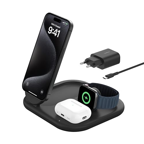 Belkin Boostcharge Caricabatteria Magnetico Pieghevole 3 In 1 Con Qi2 Da 15 W, Caricatore Rapido Magsafe Per Apple Iphone 15, Apple Watch Ed Airpods,