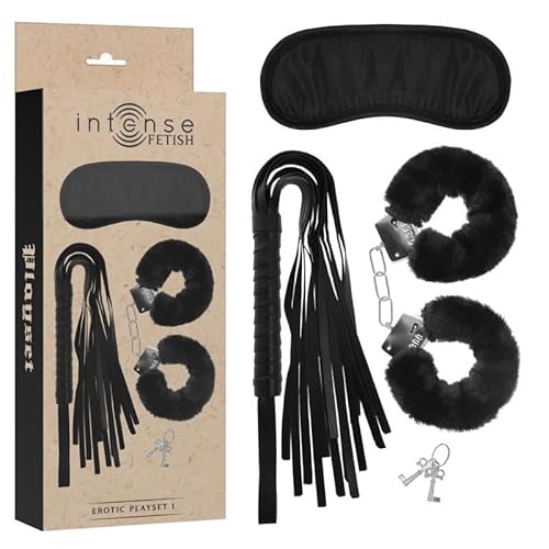 Intense - Fetish Set Erótico 1 Con Esposas, Antifaz Y Ltigo De Cuero Vegano