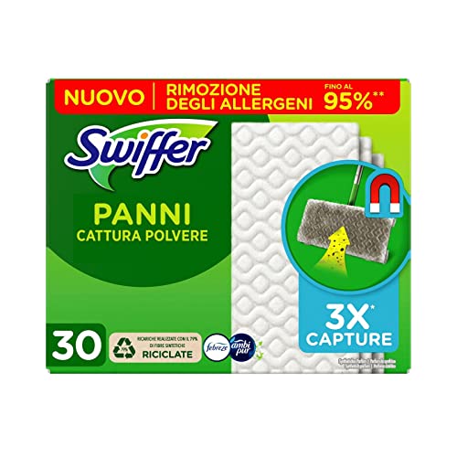 Swiffer Panni Catturapolvere, 30 Panni Microfibra Dry, Panni Cattura Polvere E Sporco, Fino Al 95 Percento Di Allergeni In Meno, 1 Unità, Confezione D