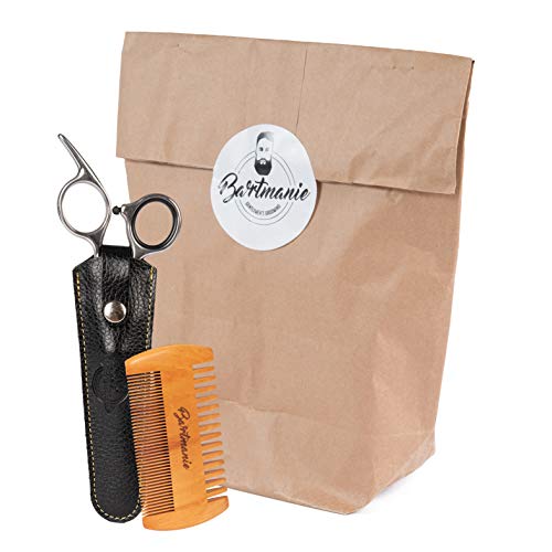 Bartmanie - Set Di Tagliabarba Con Forbici In Acciaio Inox E Pettine Da Barba In Legno, Con Custodia In Ecopelle, Kit Per Taglio Barba Da Uomo (2 Pezz