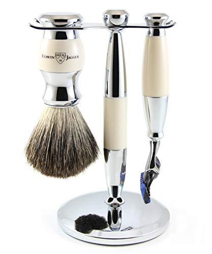 Edwin Jagger - Set Di 3 Pezzi Per Rasatura Con Pennello Di Tasso Puro Per Lame Fusion