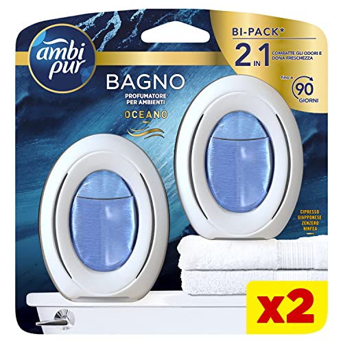 Ambi Pur Bagno Profumatore Per Ambienti, 2 Profumatori Bagno, Fragranza Oceano, Diffusore Ambiente Con Tecnologia Elimina Odori, Durata Fino A 45 Gior