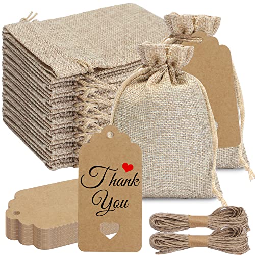 30 Pezzi Sacchetto Di Lino Con Coulisse (14X10Cm) Sacchetti Luta Lino Regalo Con 30 Etichette Di Carta&2 Corda Da 10M Naturali Borsa Per Gioielli Rega