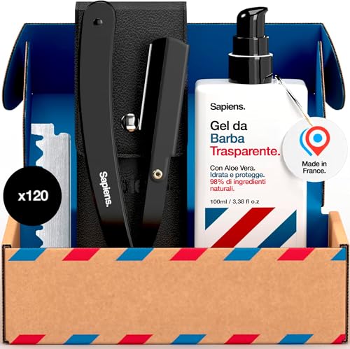 Sapiens Barbershop Kit Rasatura Barba Uomo - Rasoio A Mano Libera + Gel Da Barba Trasparente + 120 Mezze Lamette Barba Derby + Custodia Da Trasporto -