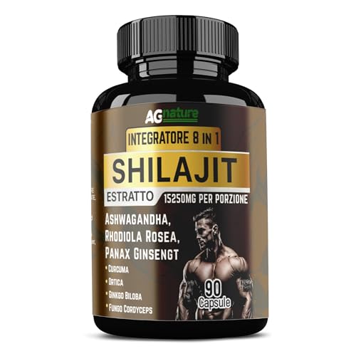 Ag Nature Shilajit Puro Himalayano Originale Forte 90Cps | 15250Mg Complex 8 In 1 Con Ashwagandha, Rhodiola Rosea, Curcuma, Ortica, Gingko Biloba E Pa
