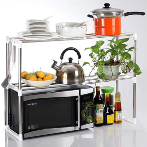 Bakaji Mensola Salvaspazio Porta Microonde In Acciaio Estensibile, Scaffale Da Cucina Allungabile Con Ripiano Portaspezie, Mobile Estendibile Con Ganc