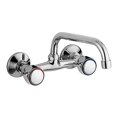 Inbagno Rubinetto Lavello Cucina E Lavanderia, A Muro A Snodo Canna Girevole, Doppia Manopola Acqua Fredda E Acqua Calda, In Ottone Cromato