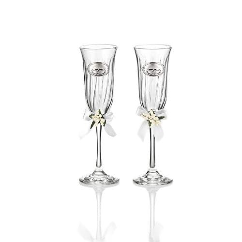 Coppia Di Flutes Di Valenti. Coppia Di Flutes In Cristallo Con Applicazione In Argento Laminato, Ideale Per Regalo Di Nozze. Altezza 22 Cm. La Referen