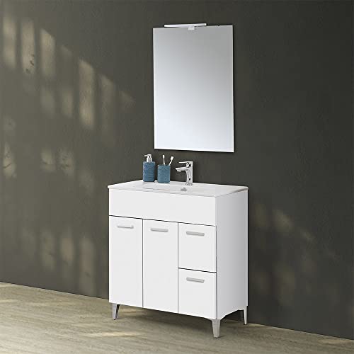Mobile Bagno A Terra 80 Cm Due Ante E Due Cassetti Bianco Lucido Specchio Reversibile 62X78 Cm Con Lampada A Led 30 Cm