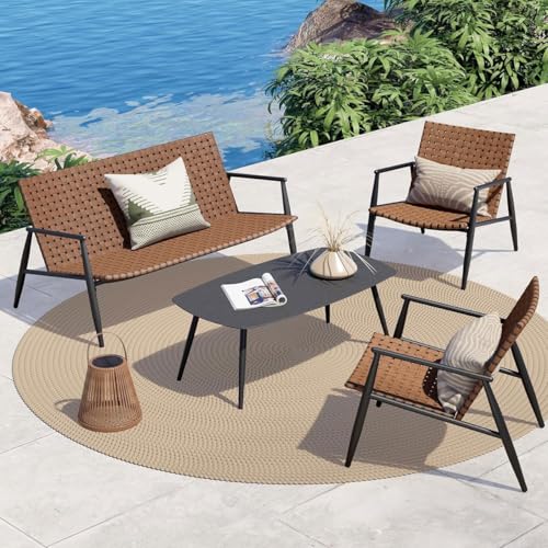 Shally Dogan Set Patio 4 Pezzi Da Giardino Con Seduta Design Intrecciato In Polyrattan E Tavolo Con Piano Vetro, Salotto Da Esterno, Salottino Per Bar