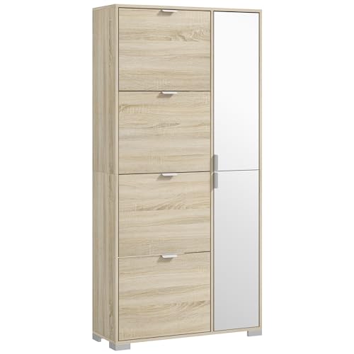 Homcom Mobile Scarpiera Con Specchio Per 16 Paia Di Scarpe, 4 Cassetti A Ribalta E 2 Armadietti Con Mensola Regolabile, 82X30X168Cm, Rovere