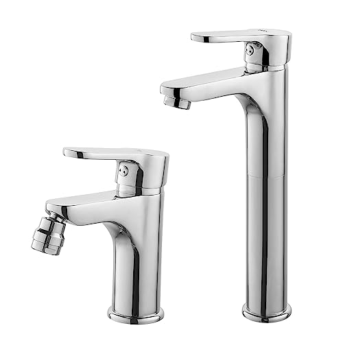 Inbagno Set Miscelatori Lavabo Alto E Bidet Monocomando, In Ottone Cromato, Con Piletta Di Scarico Inclusa, Paco