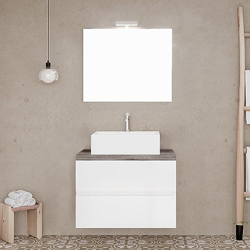Mobile Bagno Sospeso 60 Cm Bianco Con Top Rovere Fossile Per Lavabo D’Appoggio, 2 Cassettoni Soft-Close, Specchio Led Reversibile 60X80 Cm, Town
