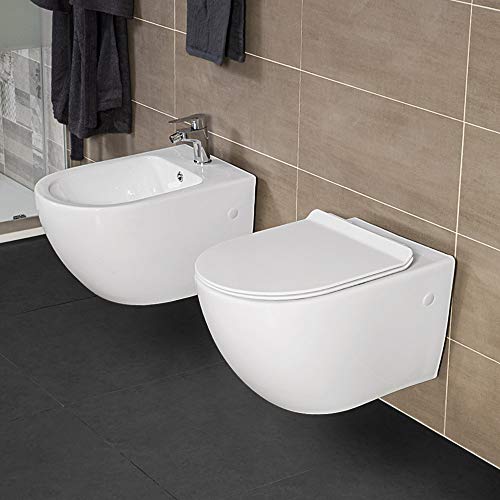 Inbagno Set Sanitari Vaso + Bidet Sospesi, Rimless, Colore Bianco, Design Moderno, Completo Di Copriwater Con Chiusura Soft-Close