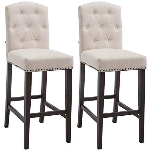 Set 2 Sgabelli Bar Cucina Louise Chesterfield In Tessuto E Legno - Coppia Sedie Sgabello Bancone Con Schienale H 77Cm, Colore:Crema, Colore Del Telaio