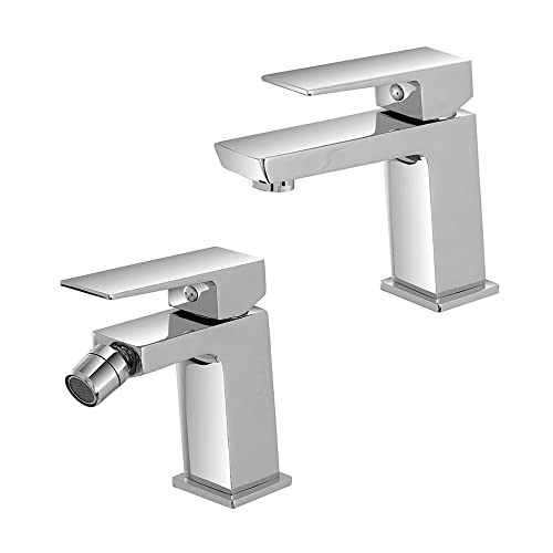 Inbagno Set Rubinetti Miscelatori Lavabo E Bidet Cromati, Scarico Click Clack Incluso, Serie Kubo (Set Lavabo E Bidet)