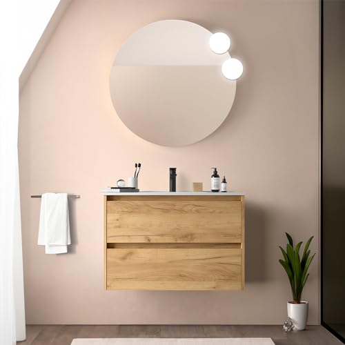 Mobile Bagno Sospeso 80 Cm Rovere Africa Con Lavabo E Specchio Tondo 70 Cm, 2 Cassetti Con Chiusura Soft-Close, Gaya