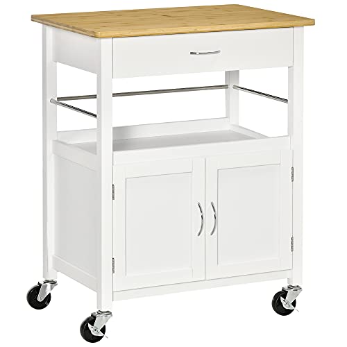 Homcom Carrello Cucina Con Cassetto Armadietto E Scaffale, Carrellino Portavivande Con Piano In Bambù E 4 Ruote, Bianco