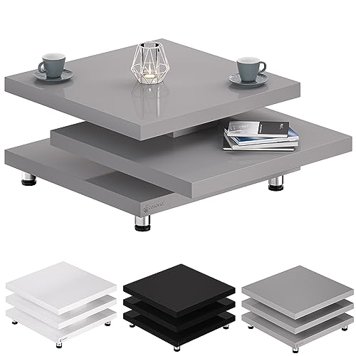 Casaria® Tavolino Da Soggiorno New York 72X72Cm Grigio Lucido Moderno Ripiano Ruotabile 360° Regolabile Divano Tavolo