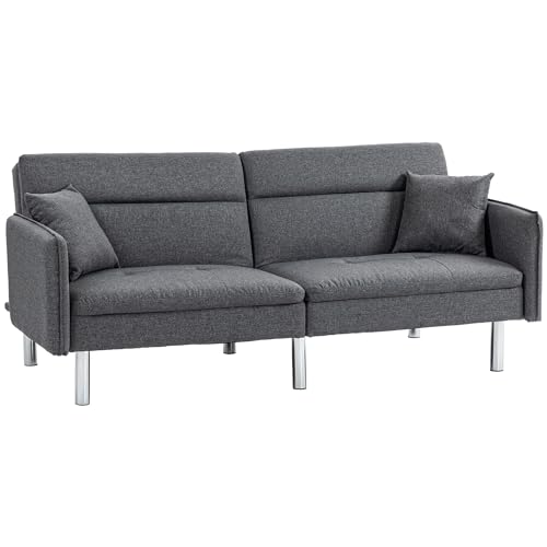 Homcom Divano Letto 3 Posti Con Meccanismo Clic Clac, Divano In Tessuto Con Schienale Reclinabile Su 3 Posizioni E 2 Cuscini, 189X91X84Cm, Grigio