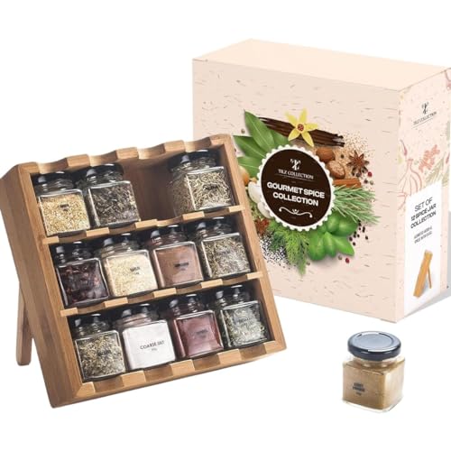 Lot De 12 Pots À Épices En Bois Avec Épices Incluses - Recharge Sur Pied Pour Herbes Et Épices Contenant 12 Épices Pour La Cuisine - Coffret Cadeau Pa