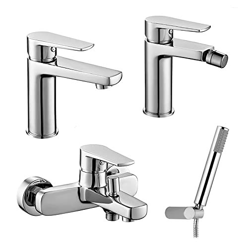 Set Miscelatori Rubinetteria Bagno Lavabo Bidet E Vasca Da Bagno Con Doccetta, Completo Di Accessori, In Ottone Cromato, Erika (Set Lavabo Bidet Vasca